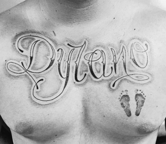 Gentleman With Script Name Footprint Chest Tattoo