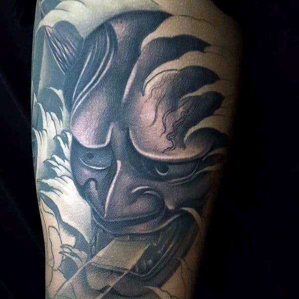Gentleman With Shaded Arm Tattoo Of Grey And Black Hannya Mask