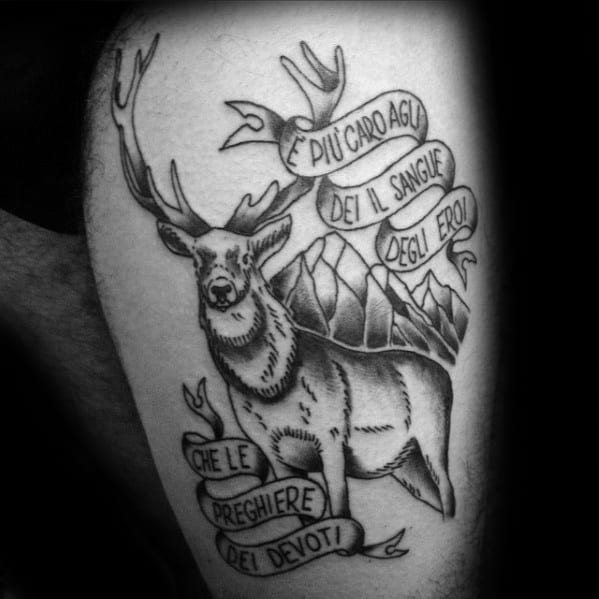 Gentleman With Shaded Banner Traditional Deer Thigh Tattoo