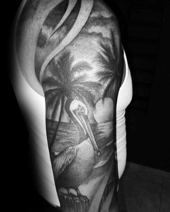 Gentleman With Shaded Black And Grey Ink Half Sleeve Pelican Tattoo