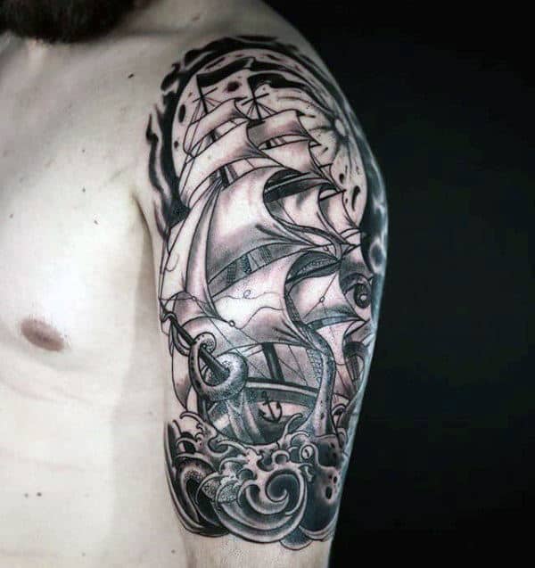 Gentleman With Shaded Kraken Ship Traditional Half Sleeve Tattoo Designs