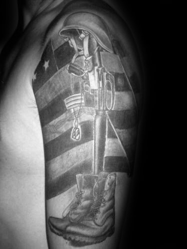 Gentleman With Shaded Memorial Army Fallen Soldier Half Sleeve Tattoo