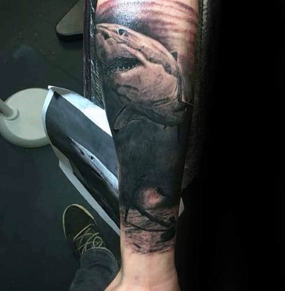 Gentleman With Shaded Shark And Anchor On Ocean Floor Forearm Sleeve