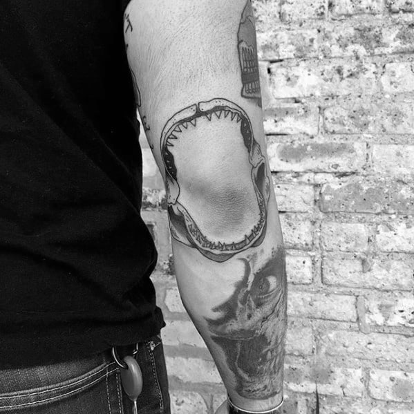 Gentleman With Shark Jaw Outer Elbow Tattoo