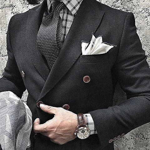 Gentleman With Sharp Black Suit Style And Pocket Square