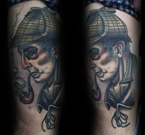 Vintage-style tattoo of Sherlock Holmes wearing a plaid cap and smoking a pipe
