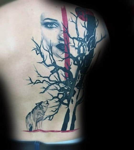 Gentleman With Sick Wolf Tattoo On Back