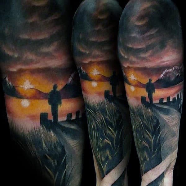 Gentleman With Silhouette Landscape Half Sleeve Tattoos