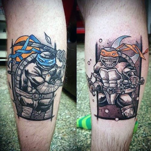 Gentleman With Sketched Teenage Mutant Ninja Turtles Characters On Leg Calf