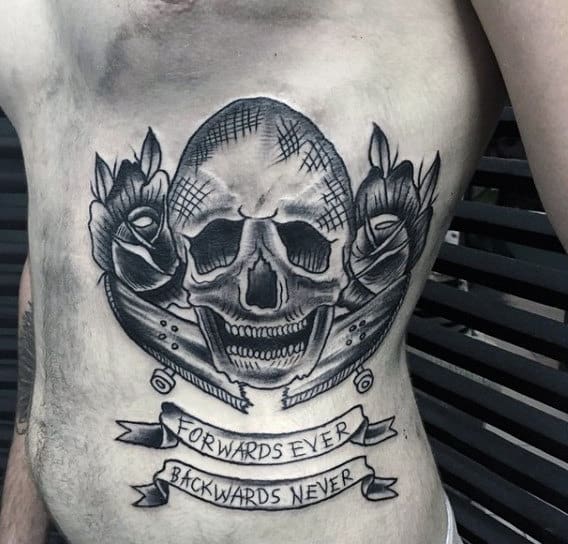 Gentleman With Skull And Broken Skateboard Rib Cage Side Tattoos