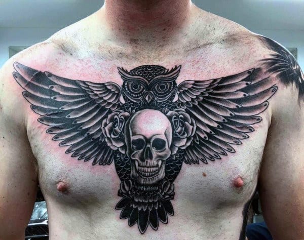 Gentleman With Skull And Owl Upper Chest Tattoo Designs