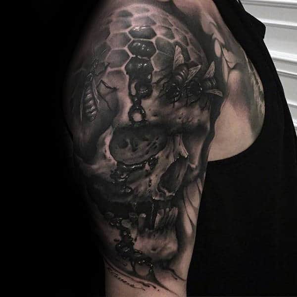 Gentleman With Skull Bee 3d Upper Arm Tattoo
