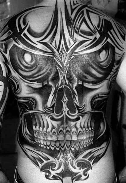 Gentleman With Skull Tribal Sick Full Back Tattoo