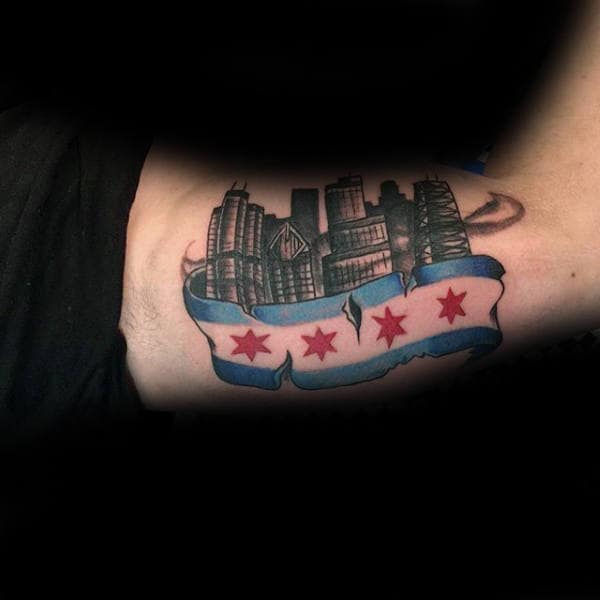Gentleman With Skyline And Chicago Flag Tattoo On Inner Arms