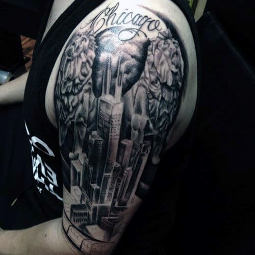 Gentleman With Skyline Chicago Half Sleeve Tattoos