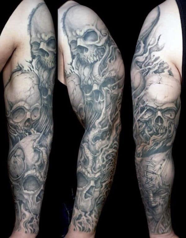 Gentleman With Sleeve Skull Tattoos