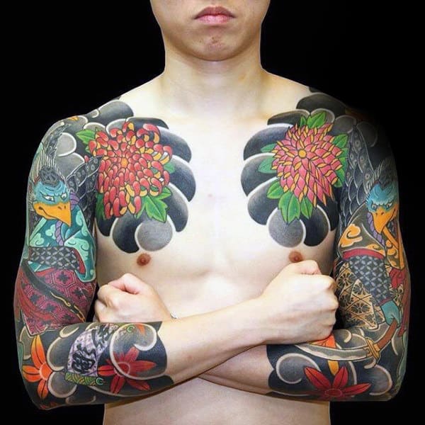 Gentleman With Sleeves Tattoos Of Chrysanthemum Flowers