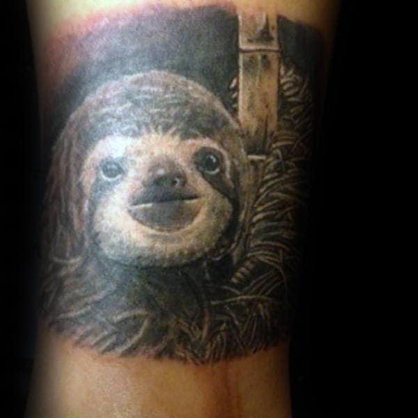 Gentleman With Sloth In The Woods Quarter Sleeve Tattoo