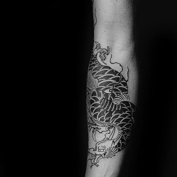 Gentleman With Small Inner Forearm Black And Grey Ink Chinese Dragon Tattoo