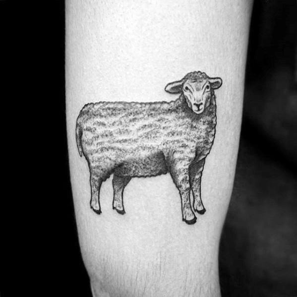 Black and white tattoo of a sheep on the inner forearm