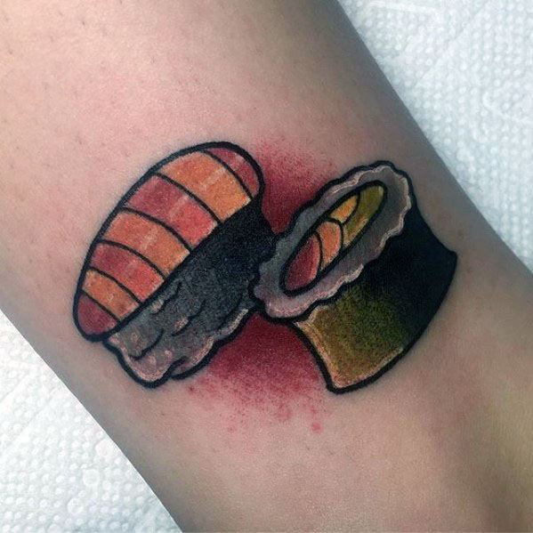 Gentleman With Small Traditional Old School Leg Sushi Tattoo