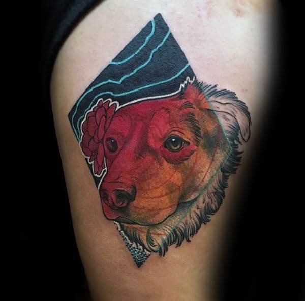 Gentleman With Small Unique Dog Thigh Tattoo