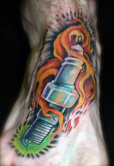 Gentleman With Spark Plug Foot Tattoo