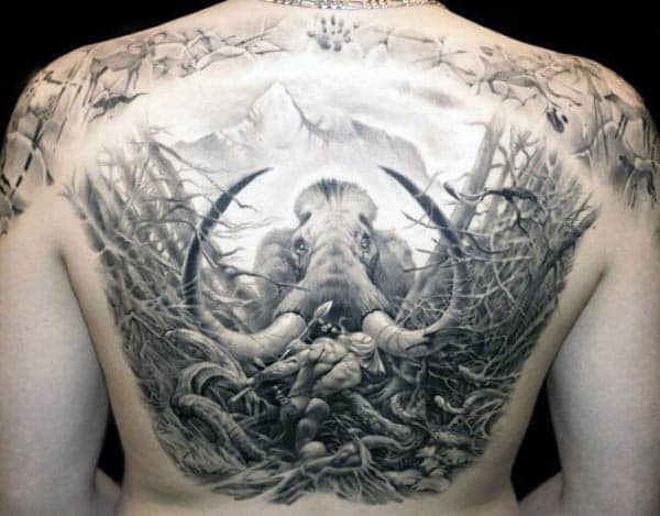 Gentleman With Spear Mammoth Back Tattoo