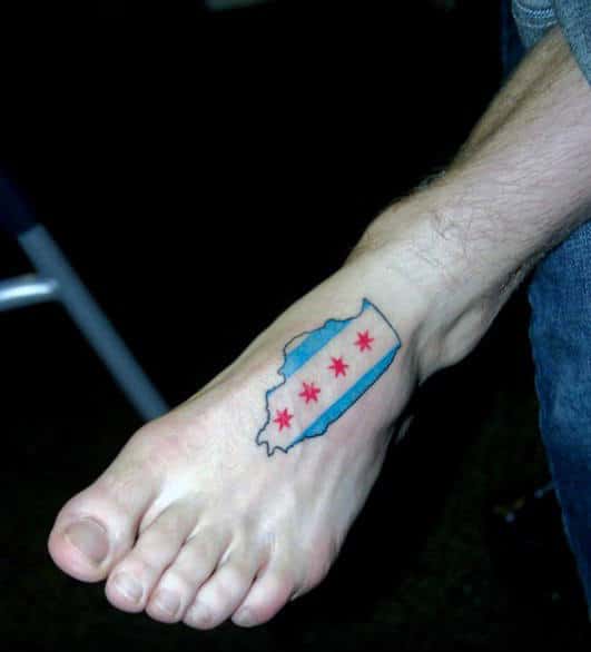 Gentleman With State Outline Chicago Flag Foot Tattoo