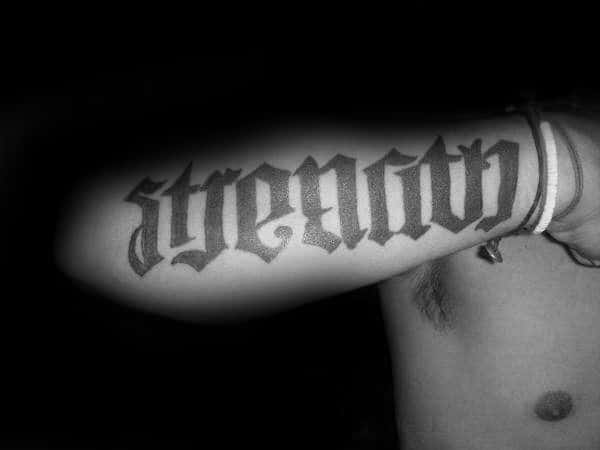 Gentleman With Strength Old School Word Font Tattoo