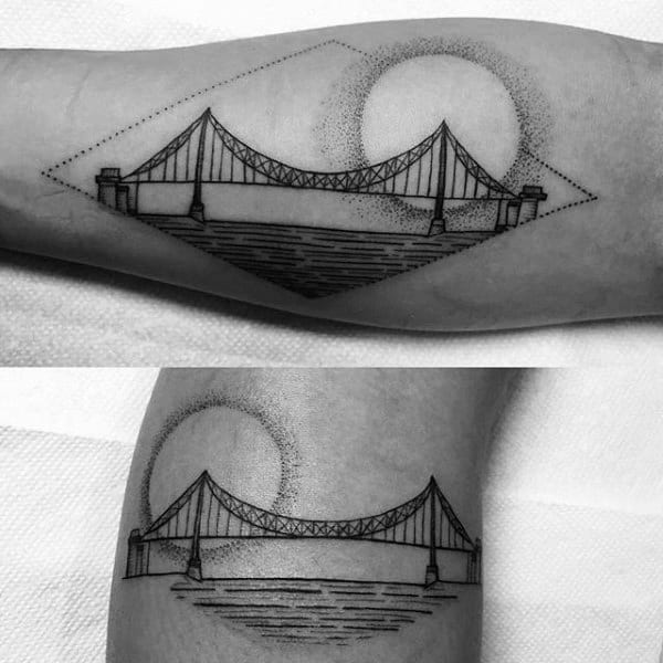 Gentleman With Sun Dotwork Bridge Forearm Tattoo