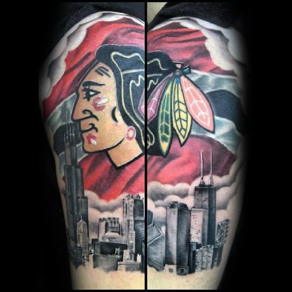 Gentleman With Tattoo Of Chicago Flag And Blackhawks Logo Half Sleeve