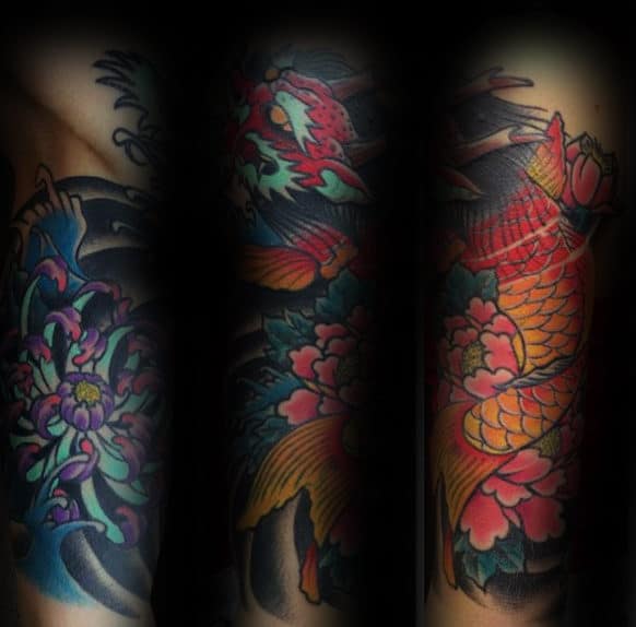 Gentleman With Tattoo Of Peony Flower And Koi Fish