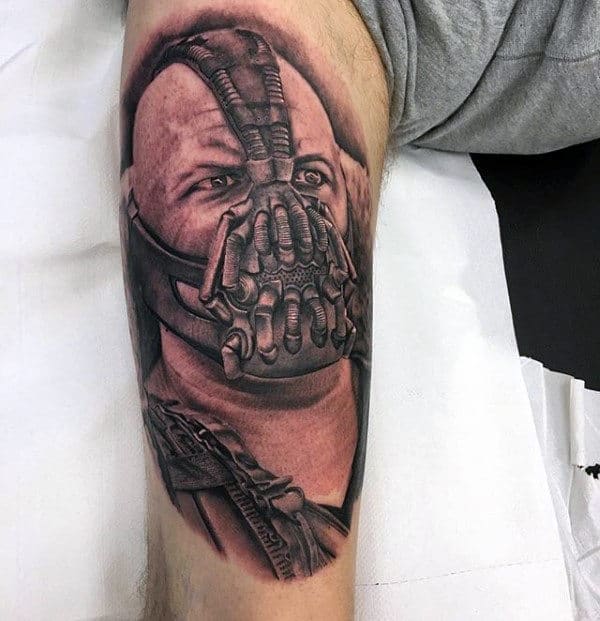 Gentleman With Thigh Tattoo Of Superhero Bane