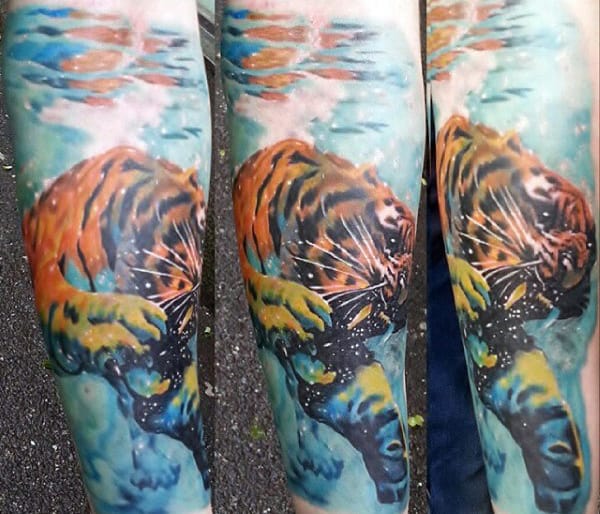 Gentleman With Tigher Water Shading Tattoo On Forearm