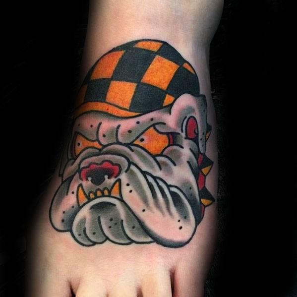 Gentleman With Traditional Old School Cool Bulldog Foot Tattoo