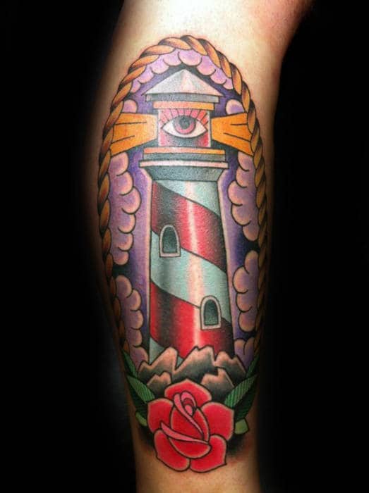 Gentleman With Traditional Old School Lighthouse Eye Tattoo
