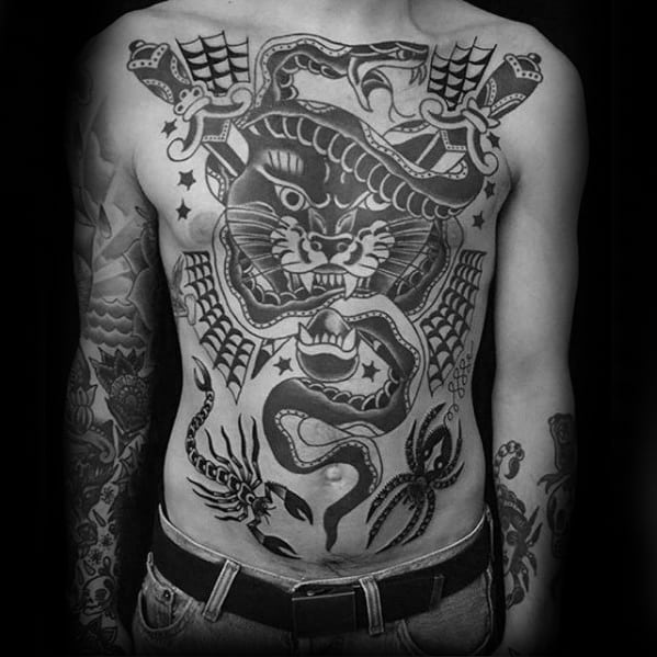 Gentleman With Traditional Scorpion Panther And Snake Chest Tattoo