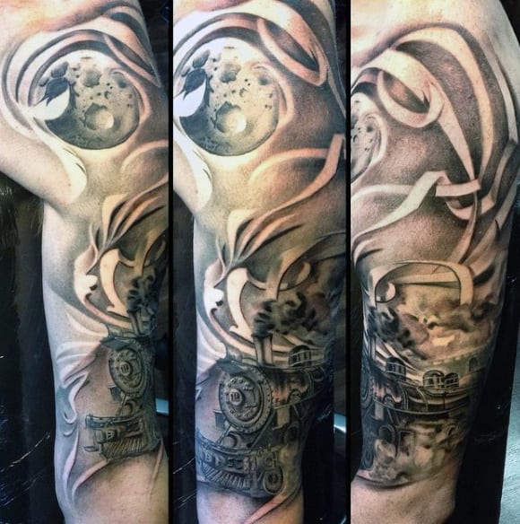 Gentleman With Train Tattoo Design Sleeves