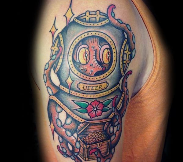 Gentleman With Treasure Chest Traditional Octopus Arm Tattoo