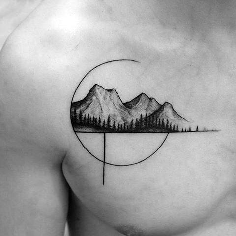 Gentleman With Tree Line Tattoo On Upper Chest With Mountain Design