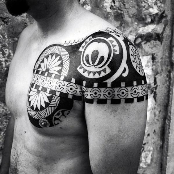 Gentleman With Tribal Polynesian Arm And Chest Tattoo