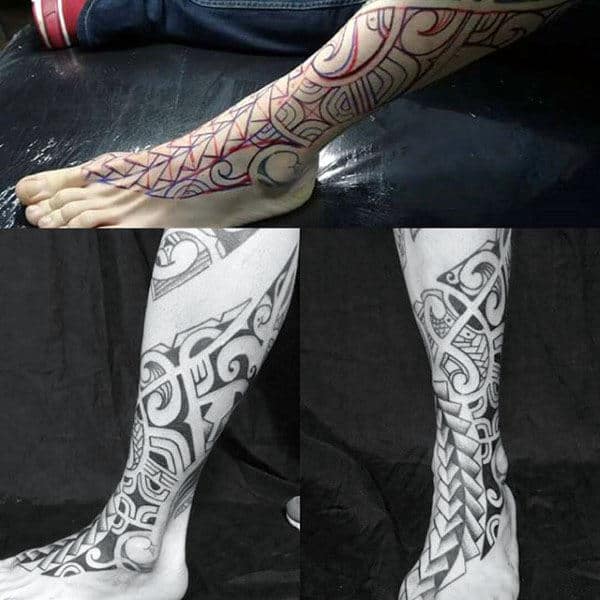 Gentleman With Tribal Polynesian Leg Tattoo Design