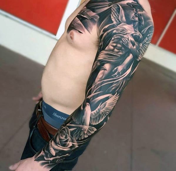 Gentleman With Unbelievable Angel And Dove Sleeve Tattoo
