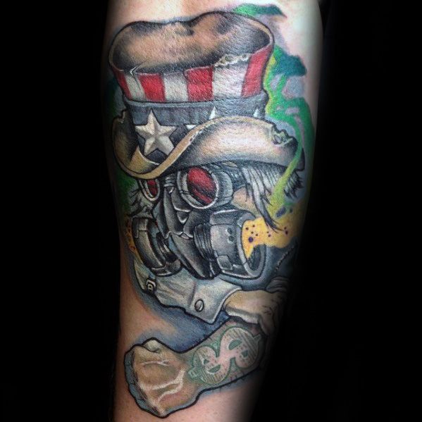 Uncle Sam tattoo with a post-apocalyptic twist, wearing a gas mask and red goggles, surrounded by green smoke and bold shadows.