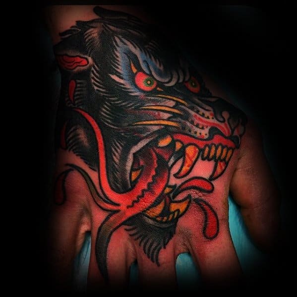 Gentleman With Unique Hand Old School Traditional Wolf Tattoo