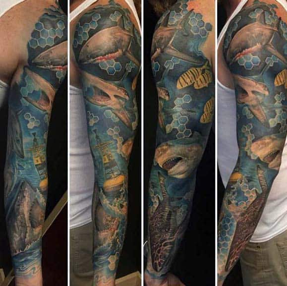 Gentleman With Unique Ocean Sleeve Tattoo Design