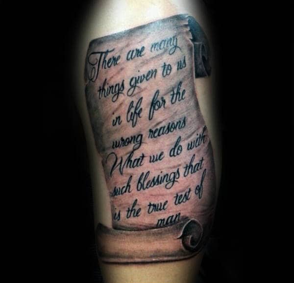 Gentleman With Unique Scroll Shaded Arm Tattoo Deisgn