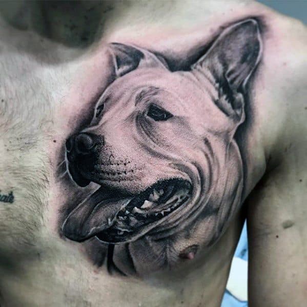 Gentleman With Upper Chest Hyper Realistic 3d Pitbull Tattoo