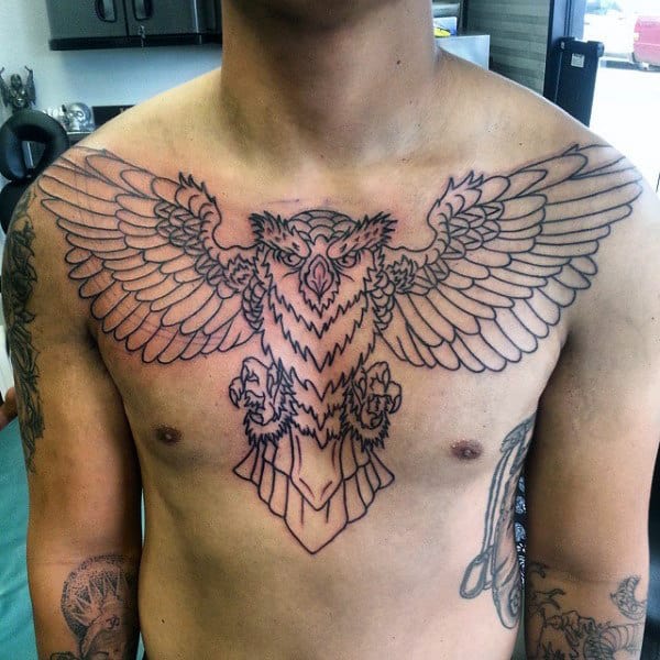 Gentleman With Upper Chest Traditional Black Ink Outline Owl Tattoo